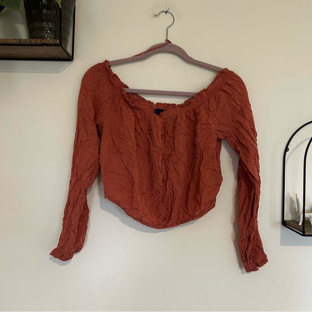 Aeropostale Dusty Rose Pink‎ Long Sleeve Lightweight Cropped Swissdot Blouse Lrg